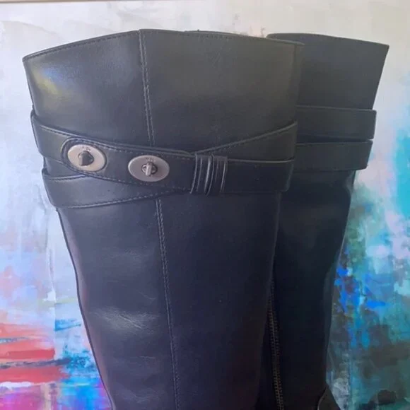Coach New York Linette Tall Black Leather Riding Boots Calf 7 - Picture 2 of 6